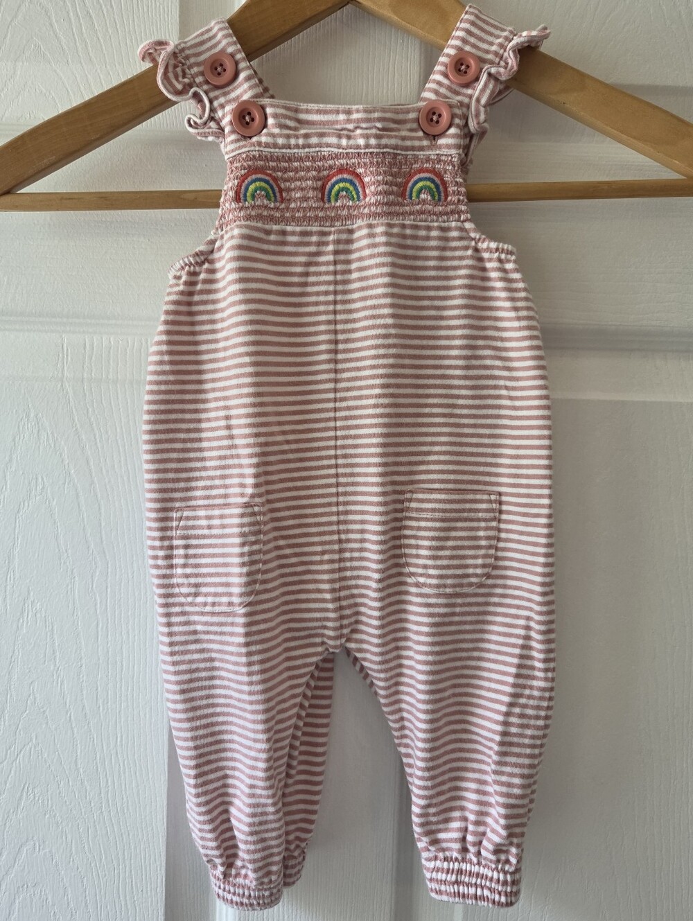 Baby Boden Pink & White Striped Overalls with Rainbow Embroidery 3-6M
